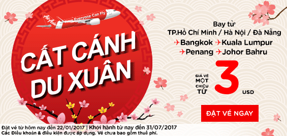 Air Asia khuyến mãi dịp mừng xuân mới vé cực rẻ 3 USD