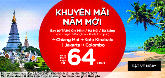 Air Asia khuyến mãi dịp mừng xuân mới vé cực rẻ 3 USD