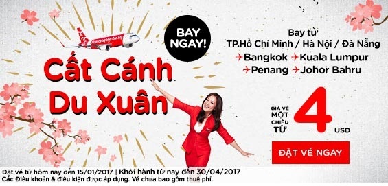 Cất cánh du xuân với vé máy bay Air Asia giá rẻ 4 USD