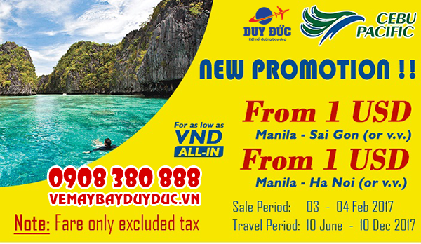 Cebu khuyến mãi vé siêu rẻ Manila – Việt Nam 1 USD