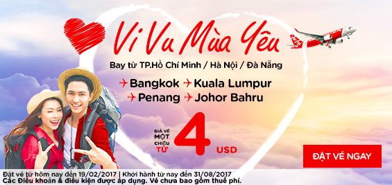 Đặt vé AirAsia ngày lễ tình nhân Valentine 4 USD