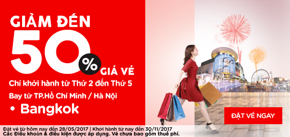 Hãng Air Asia giảm giá 50% vé đi Bangkok