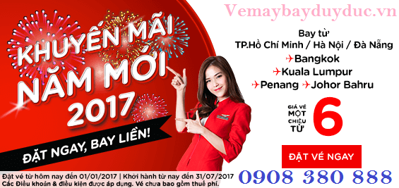 Khuyến mãi năm mới 2017 vé rẻ Air Asia 6 USD