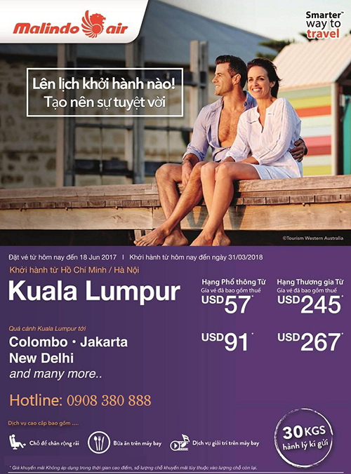Malindo Air bán vé máy bay đi Kuala Lumpur 57 USD