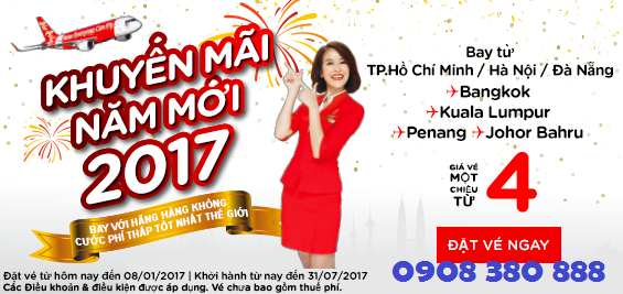 Sốc! Năm mới 2017 khuyến mãi khủng vé Air Asia 4 USD