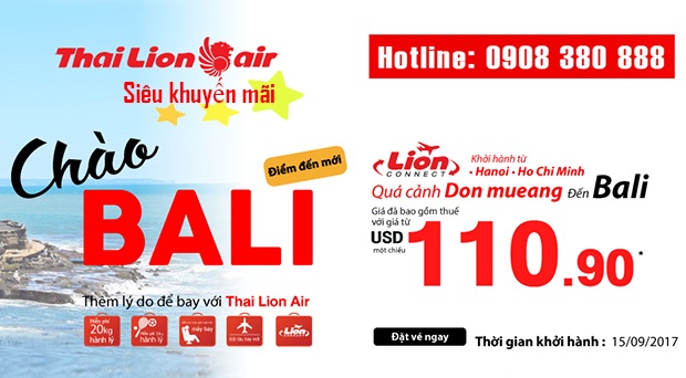 Thai Lion Air tung khuyến mãi vé rẻ đi Bali 101 USD