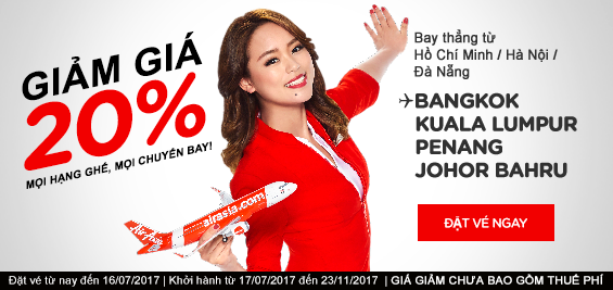 Thứ 2 tuần này AirAsia giảm 20% giá vé máy bay