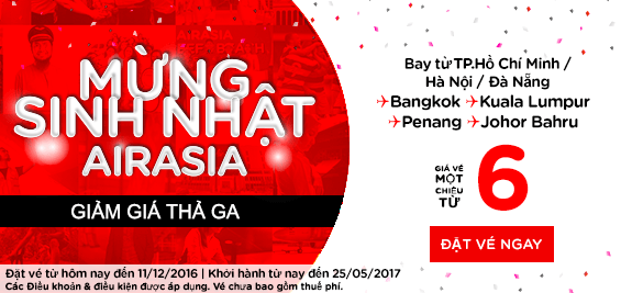 Tưng bừng sinh nhật Air Asia giảm giá vé 6 USD