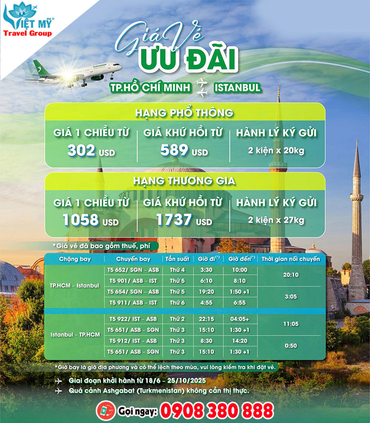 Vé máy bay đi Istanbul từ TpHCM giá rẻ - Bay cùng Turkmenistan Airlines