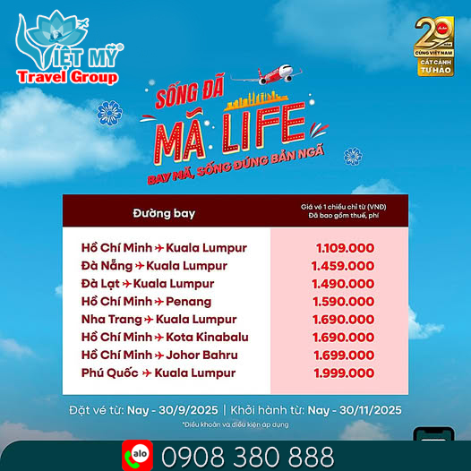 Vé AirAsia – Giá từ 1.109.000 VNĐ/chiều, tặng 20kg hành lý ký gửi