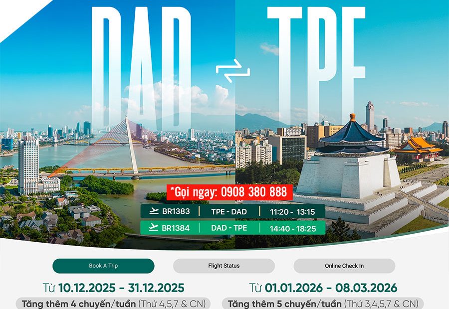 EVA Air tăng cường chặng bay Đà Nẵng - Đài Bắc từ tháng 12/2025