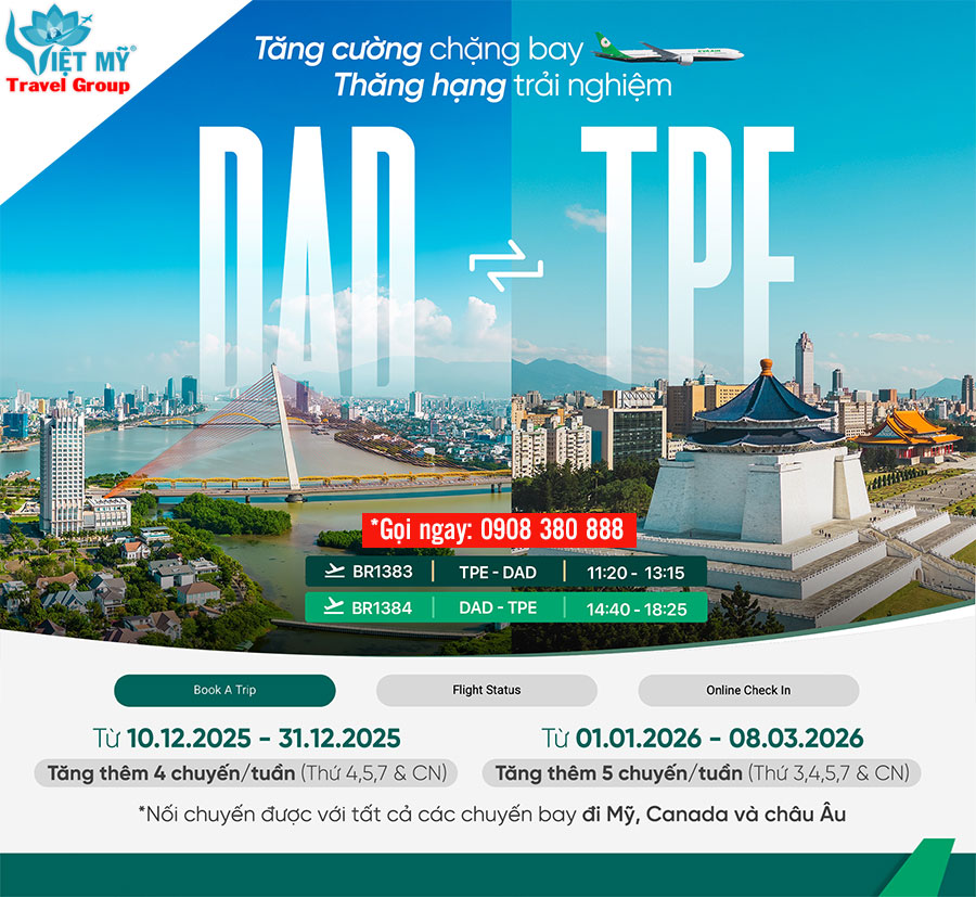 EVA Air tăng cường chặng bay Đà Nẵng - Đài Bắc từ tháng 12/2025