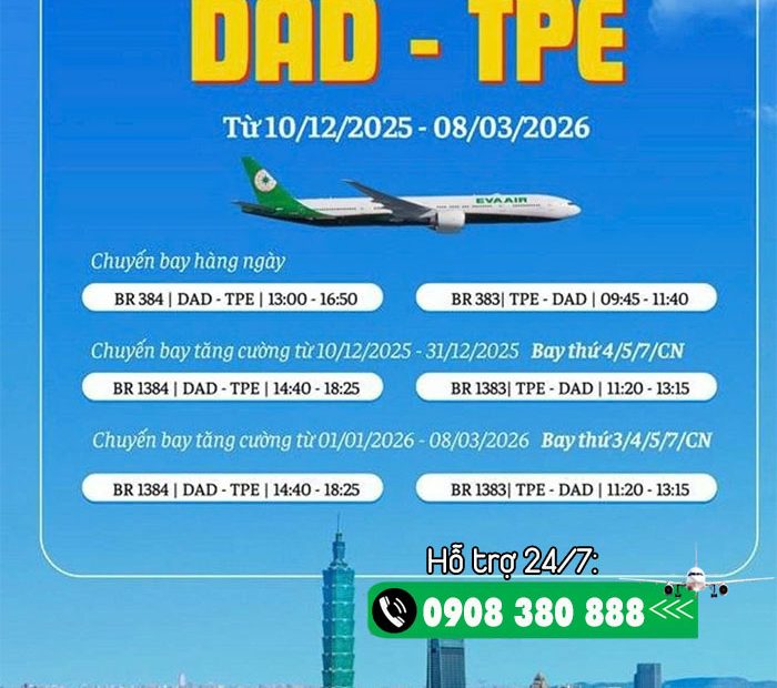 EVA Air tăng cường chuyến bay Đà Nẵng - Đài Bắc