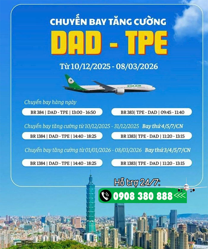 EVA Air tăng cường chuyến bay Đà Nẵng - Đài Bắc