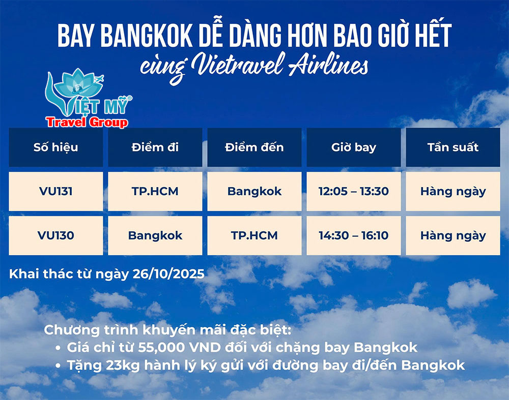 Vé máy bay Vietravel Airlines đi Bangkok giá chỉ từ 55.000 VND