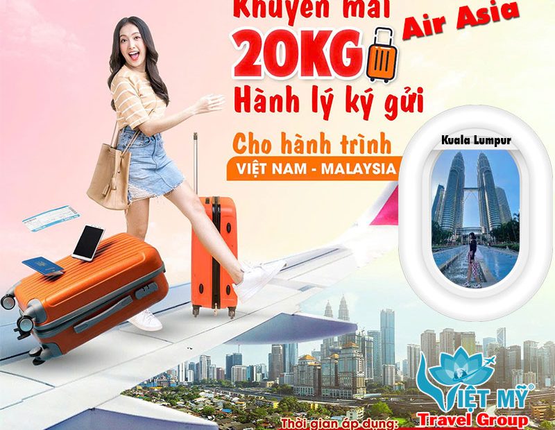 AirAsia khuyến mãi 20kg hành lý chặng đi Kuala Lumpur