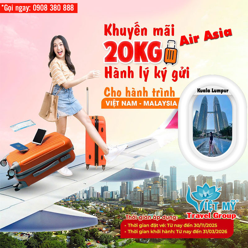 AirAsia khuyến mãi 20kg hành lý chặng đi Kuala Lumpur