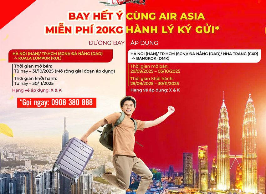 Bay hết ý cùng AirAsia - Miễn phí 20kg hành lý ký gửi