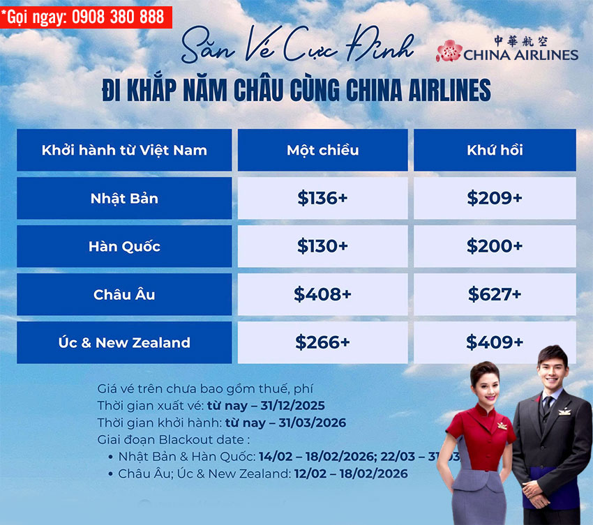 China Airlines mở bán vé quốc tế giá cực hấp dẫn – Bay Nhật, Hàn, Âu, Úc, New Zealand