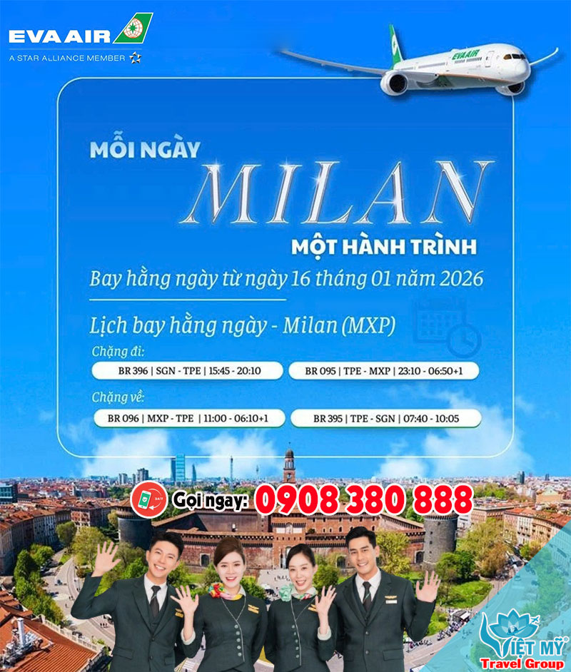 EVA Air mở rộng tần suất bay Milan mỗi ngày từ TP.HCM