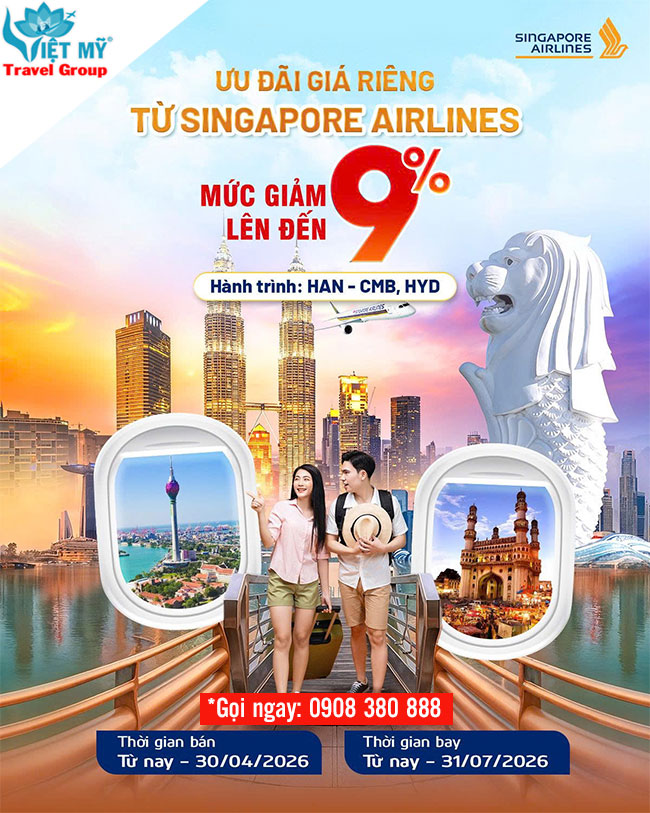Vé Singapore Airlines ưu đãi cho hành trình Hà Nội đi Colombo và Hyderabad