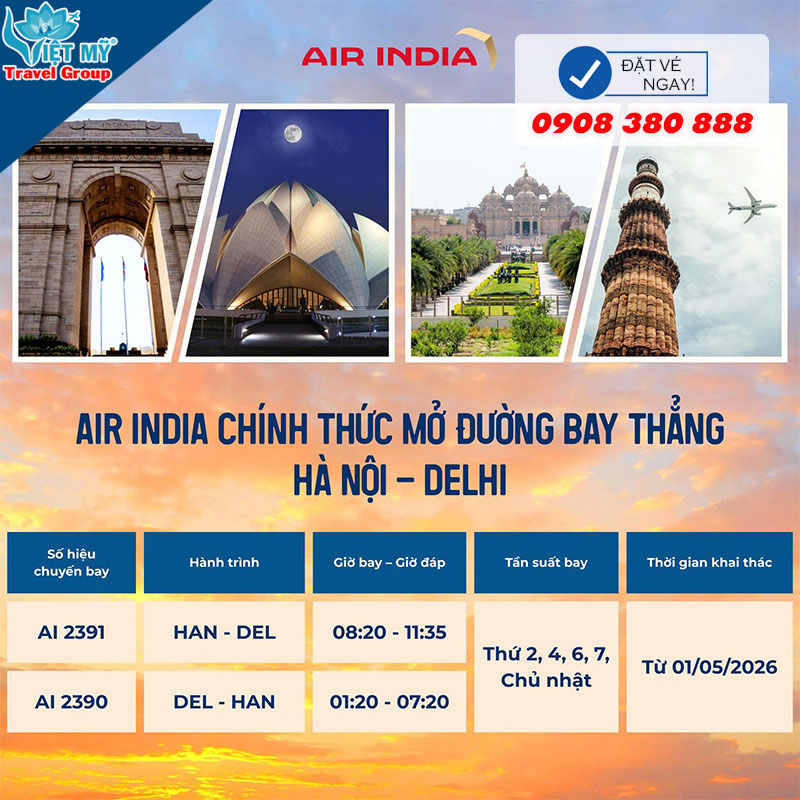 Air India mở bán đường bay Hà Nội - Delhi từ 01/05/2026
