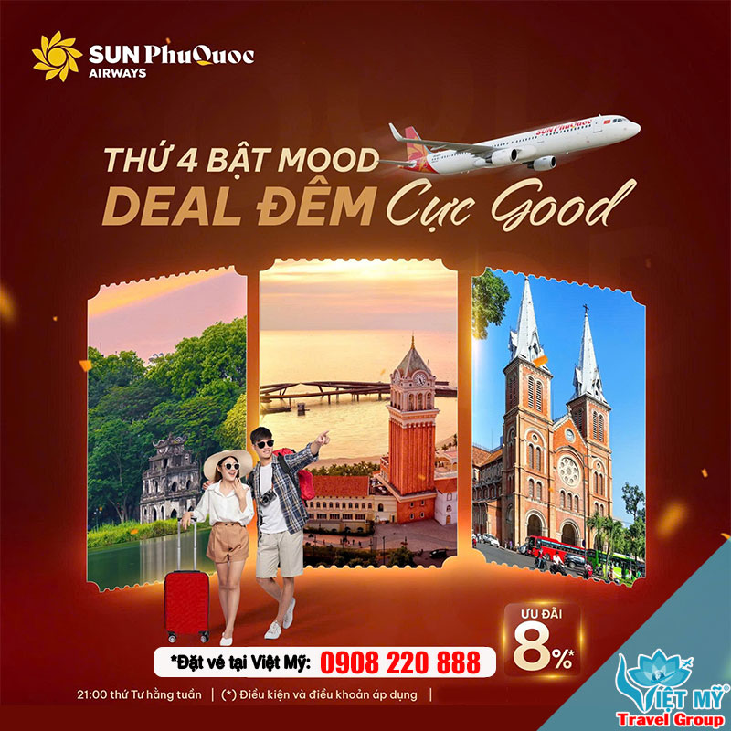 GoodMood Wednesday giảm 8% vé đêm từ 21h–03h cùng Sun PhuQuoc Airways