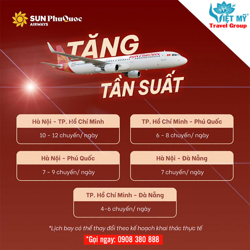 Sun PhuQuoc Airways tăng tần suất nhiều đường bay trọng điểm hè 2026