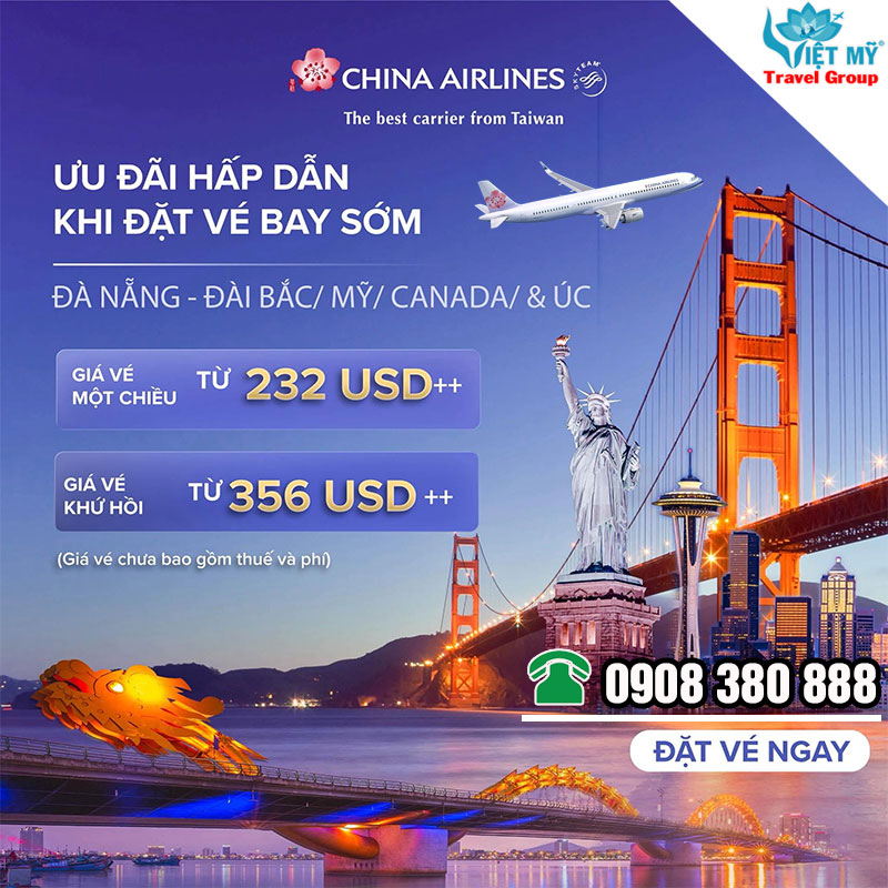 China Airlines ưu đãi đến 15% vé máy bay từ Đà Nẵng đi Đài Bắc, Mỹ, Canada và Úc