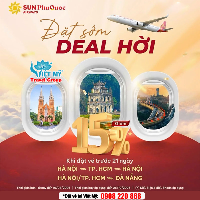 Đặt sớm 21 ngày cùng Sun PhuQuoc Airways - Deal giảm 15% giá vé nội địa