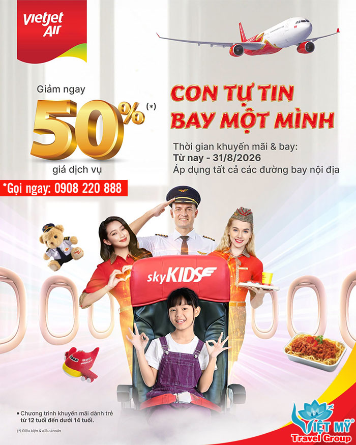 Giảm 50% dịch vụ Sky Kids Vietjet - Trẻ 12 đến 14 tuổi tự tin bay một mình an toàn