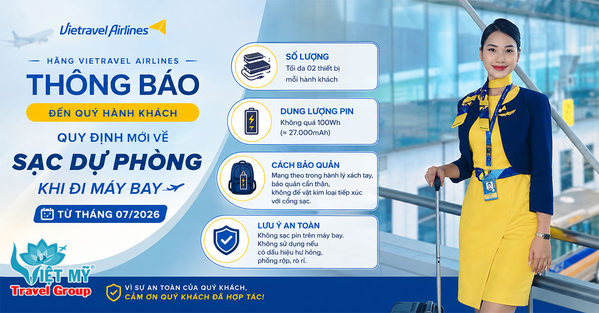 Quy định mang sạc dự phòng trên chuyến bay Vietravel Airlines năm 2026