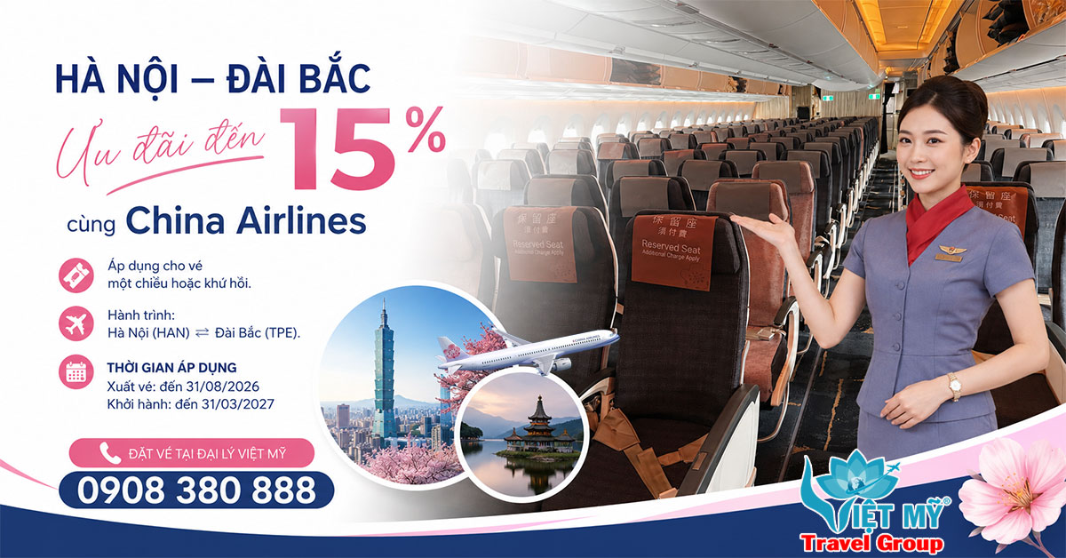 China Airlines đang giảm 15% vé Hà Nội - Đài Bắc